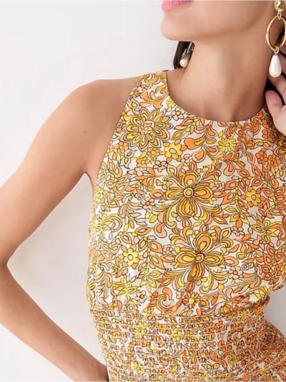 J. Crew Smocked Cross-Back Dress in Medallion Floral.